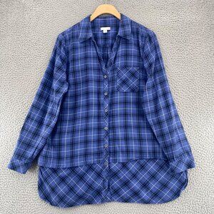 J Jill Shirt Womens Large Petite Blue Plaid Button Up Collar Long Sleeve Tunic